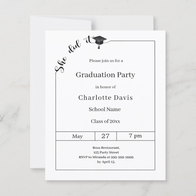 Graduation party black white She did it invitation (Frente)