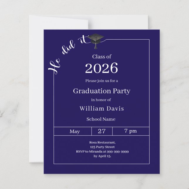 Graduation party blue white He did it invitation (Frente)