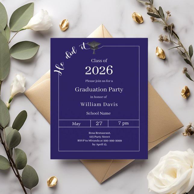 Graduation party blue white He did it invitation (Criador carregado)