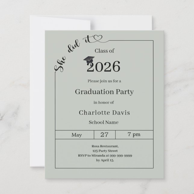 Graduation party Sage Green She did it invitation (Frente)