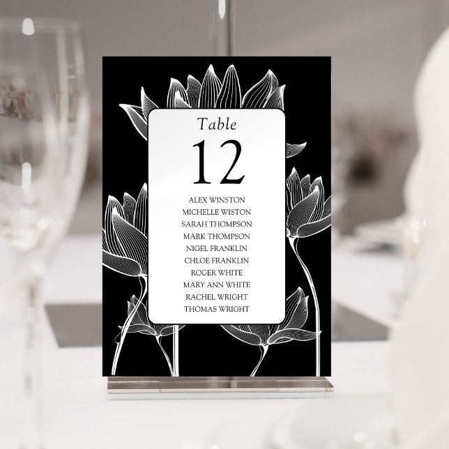 Gráfico de Assentos com Número de Mesa Floral Pret (Black And White Floral Table Number Seating Chart)