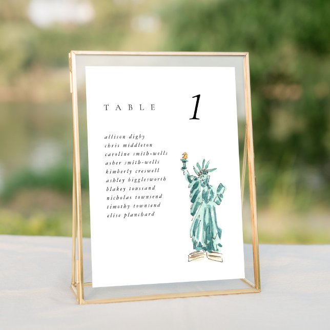 Gráfico de Assentos da Estátua da Liberdade em Nov (Watercolor Statue of Liberty chic New York City skyline wedding table number cards.)