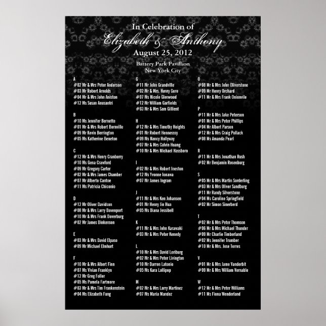 Gráfico de Assentos de Casamento Poster Preto Flor (Frente)