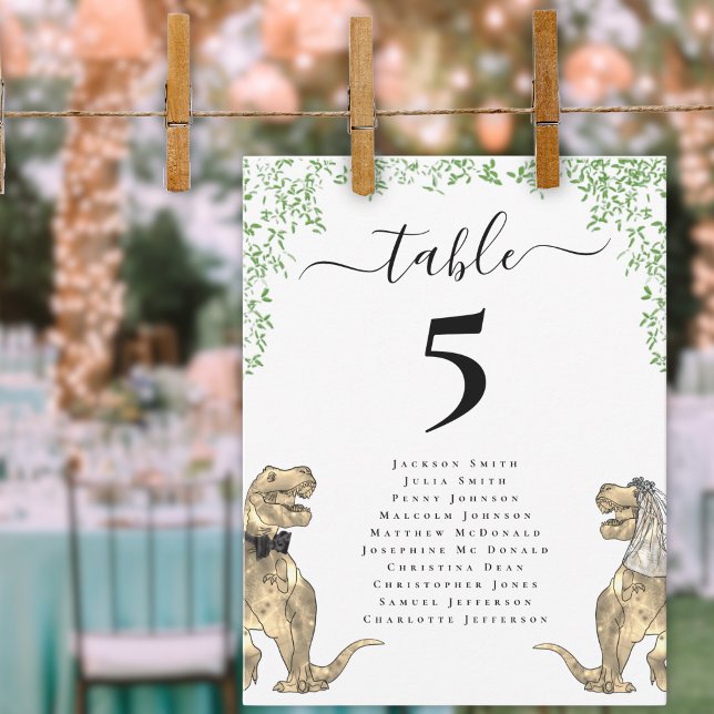 Gráfico de Assentos de Mesa de Casamento Temático  (Dinosaur wedding table chart Whimsical elegant script T-Rex bride & groom watercolor greenery)
