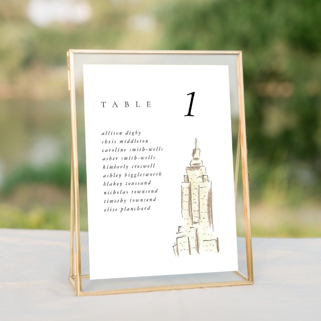 Gráfico de Casamento NYC do Empire State Building (Watercolor Empire State Building chic New York City skyline wedding table number cards.)