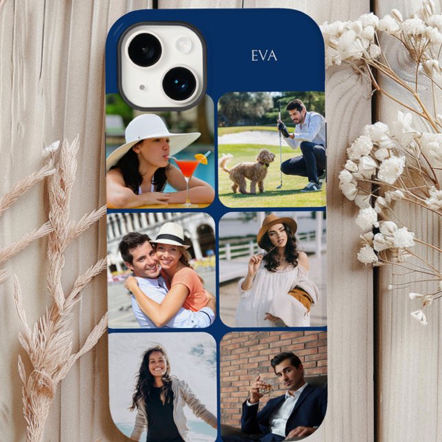 Gráfico de Fotografias 6 Nome ou Iniciais Azul (Blue personalized iphone case with 6 picture photo collage by Darling & May)