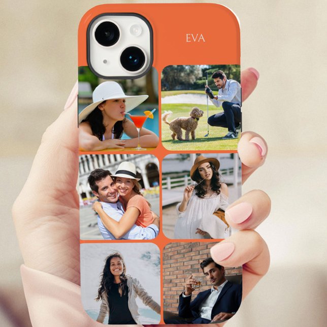 Gráfico de Fotografias 6 Nome ou Iniciais Laranja (Orange personalized iphone case with 6 picture photo collage by Darling & May)