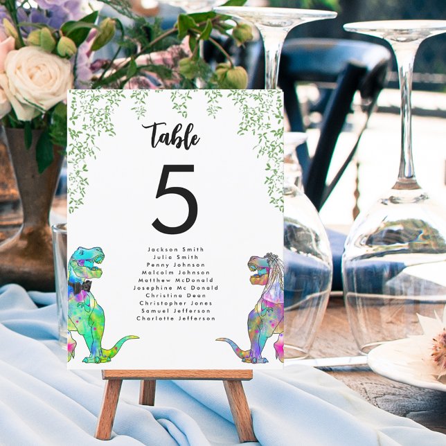 Gráfico de Mesa de Casamento com Tema de Dinossaur (Colorful dinosaur bride and groom fun t-rex bride and groom wedding table number chart)