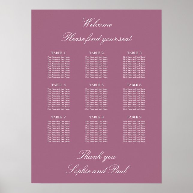 Gráfico de Mesa de Casamento de Poster Mauve 9 (Frente)