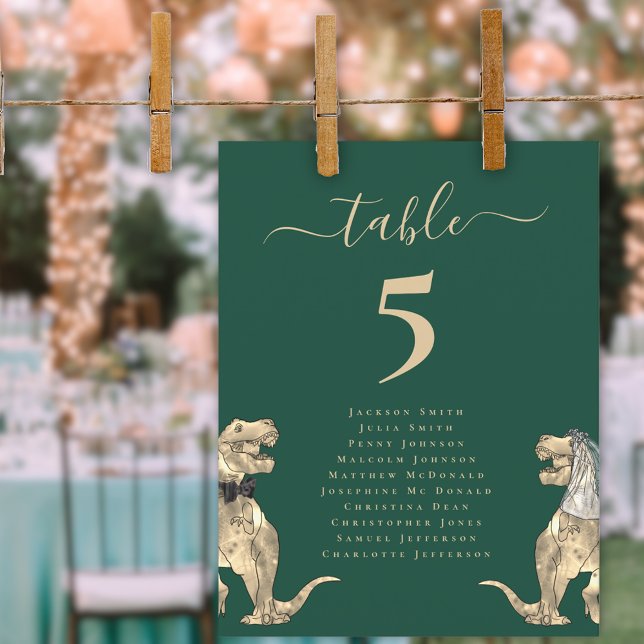 Gráfico de Mesas de Casamento do Dinossauro (Dinosaur wedding dark green custom table chart Elegant script T-Rex dino bride and groom )