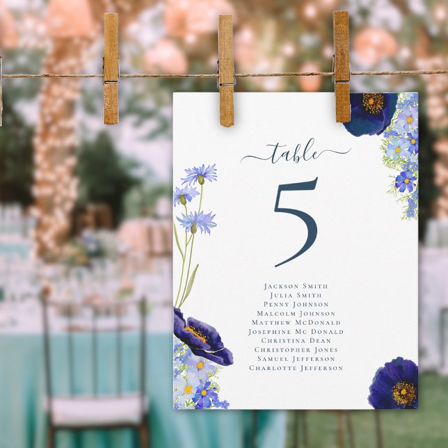 Gráfico de Número de Mesa de Casamento com Flores  (Modern blue wildflower summer floral wedding table number seating chart elegant stylish typography)