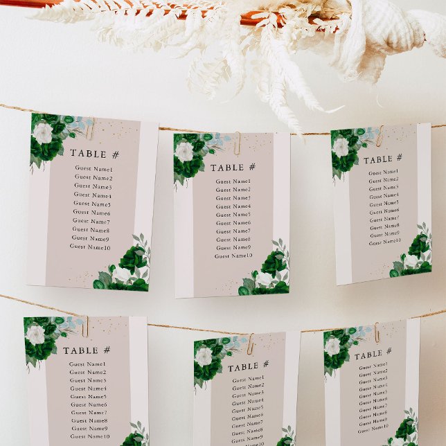 Gráfico Floral de Mesa Verde Emerald Elegante (Seating Chart Cards from the Royal Rose Emerald Green Quinceanera Collection by Darling & May)