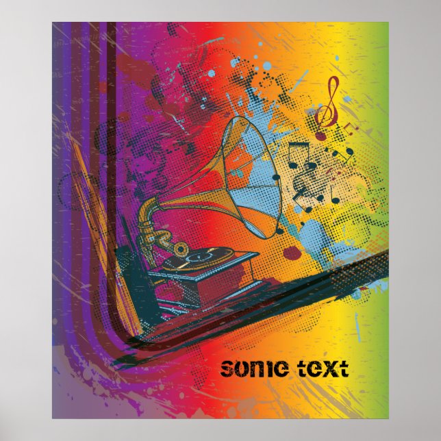 Gramofone no arco-íris retro impressão poster (Frente)