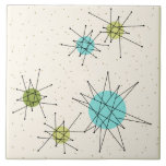 Grande azulejo atômico icónico de Starbursts<br><div class="desc">Este teste padrão atômico icónico do azulejo de Starbursts grande caracteriza starbursts atômicos icónicos. Isso é direito! A velha escola, o fundo colorido de creme com salpicos do ouro é o contexto perfeito para a turquesa vibrante, o aipo reconfortante, e os círculos coloridos do verde kitschy da pera. Os pontos...</div>