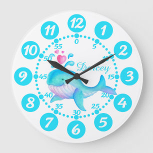 Grande Baleia fofinha arrancando arte aqua relógio branco