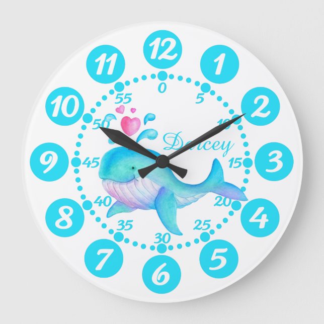 Grande Baleia fofinha arrancando arte aqua relógio branco (Frente)