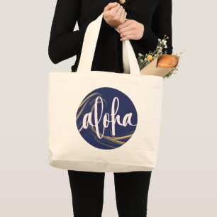 Grande Bolsa Tote Aloha Azul Escuro Dourado com tema Kai