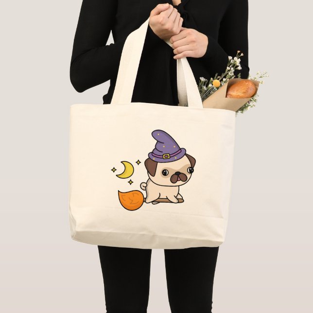 Grande Bolsa Tote de Bruxa Pug (Frente (produto))