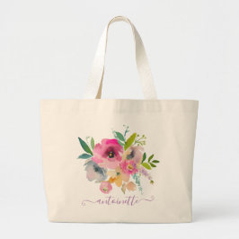 Grande Bolsa Tote Floral Boho Personalizada Aquarela