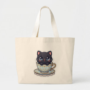 Grande Bolsa Tote Gatinho Preto Kawaii Fofa Xícara de Chá