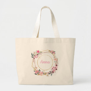 Grande Bolsa Tote Geométrica Dourada com Flores Rosa