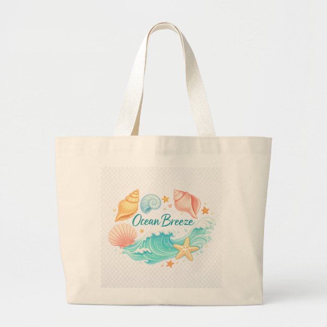 Grande Bolsa Tote Ocean Breeze – Praia de Conchas e Ondas (Frente)