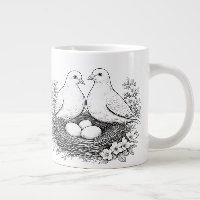 Grande Caneca de Café com Desenho a Lápis de Pássaros Amo (Direita)