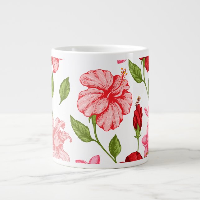 Grande Caneca de Café com Padrão Floral de Hibisco Rosa E (Frente)