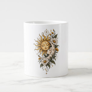 Grande Caneca de Café Sol Lua Mística e Floral