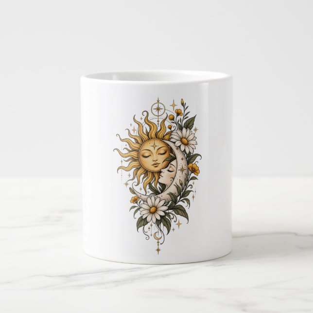 Grande Caneca de Café Sol Lua Mística e Floral (Frente)