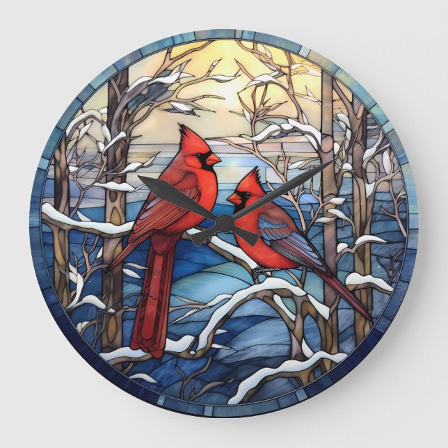 Grande Cardeais em um Relógio de Muro de Neve (Frente)