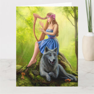 Grande cartão de saudação Fada de menina e lobo