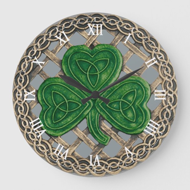 Grande Cinza Shamrock & Celtic Knos Relógio Numérico Roma (Frente)