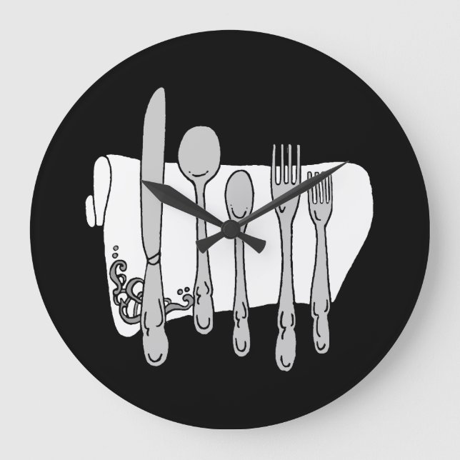 Grande Cinza Silverware White Napkin Sem Números Relógio (Frente)