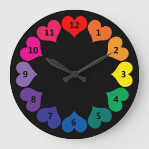 Grande Corações a cores do arco-íris em relógio preto