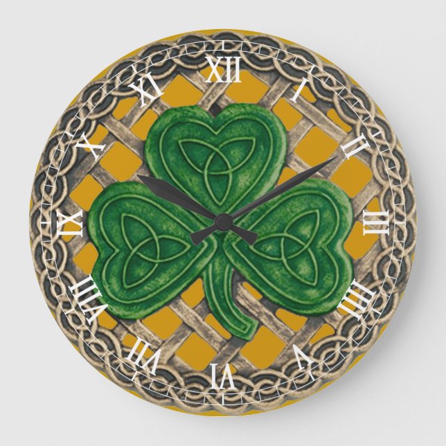Grande Dourado Shamrock & Celtic Knos Relógio Numérico Ro (Frente)