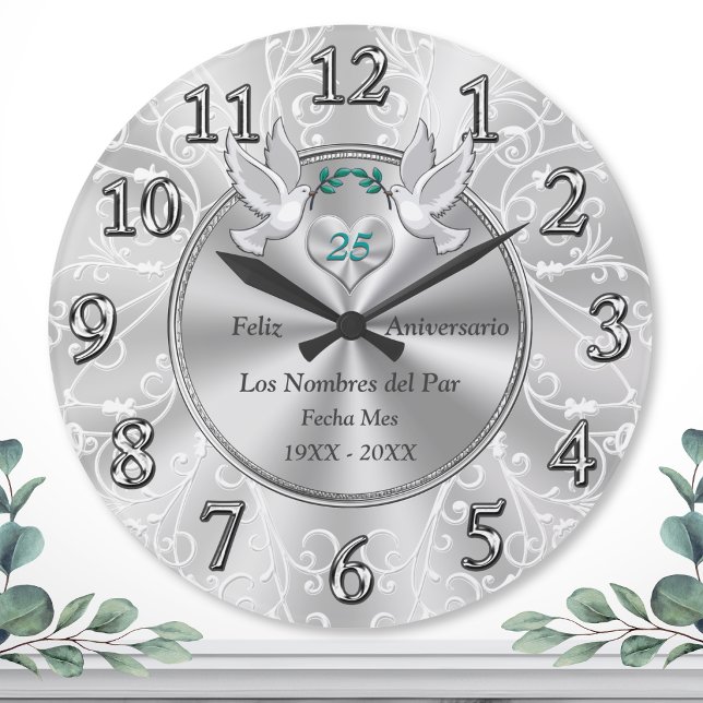 Grande Feliz 25 Aniversário Relógio (Bodas de Plata. Feliz 25 Anniversio. 25 Aniversario de Bodas ¡Felices bodas de plata! Reloj de plata)
