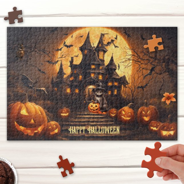 Grande Feliz Dia das Bruxas Quebra-cabeça (Halloween puzzle featuring a cute fantasy scene with a black kitty with pumpkins at a haunted house)