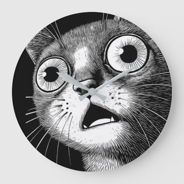 Grande Gato Chocado Relógio Minimalista Preto e Branco (Frente)
