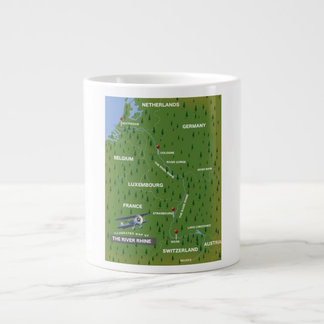 Grande Mapa de viagem retro do rio Reno. Caneca de café g (Frente)