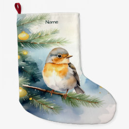 Grande Meia de Natal com Pintura de Robin em um Galho de