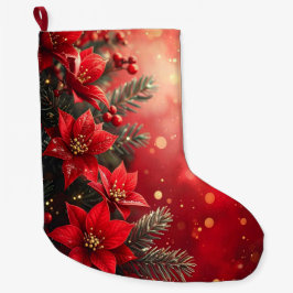 Grande Meia de Natal com Poinsettias Vermelhas e Frutas