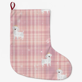 Grande Meia de Natal de Cachorrinho Rosa Pastel com Coroa