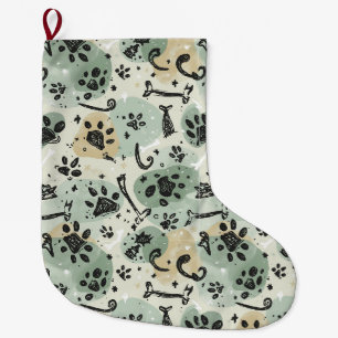 Grande Meia de Natal de Pet com Estampa de Pata em Doodle