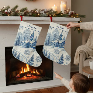 Grande Meia de Natal Vintage Azul Branco Igreja Inverno