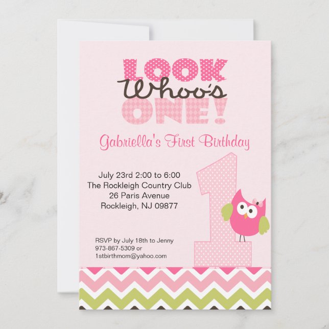 Grande número da coruja cor-de-rosa um convite do (Frente)