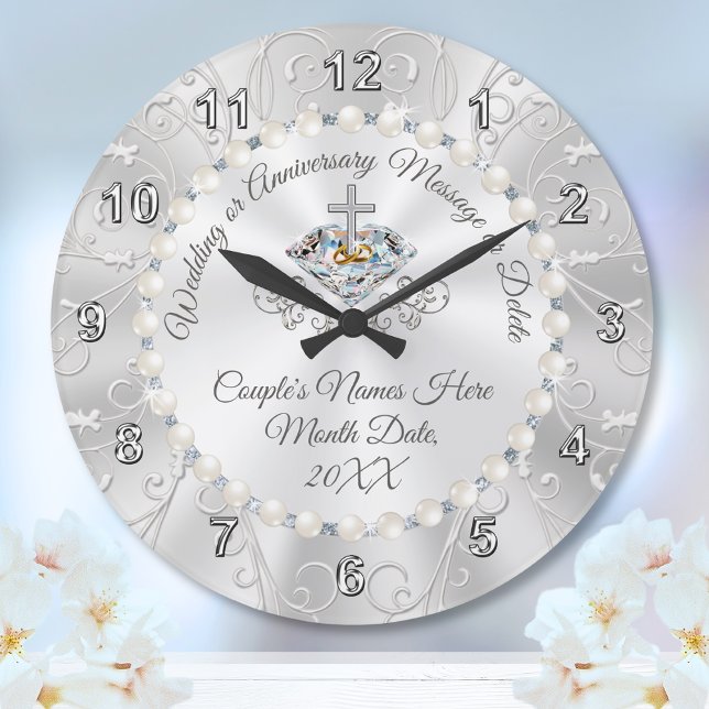 Grande Ouros e Pérolas Relógio Personalizado (Christian Wedding Gift for Bride and Groom. Christian Anniversary Gifts. Any Year. Christian Clock.)