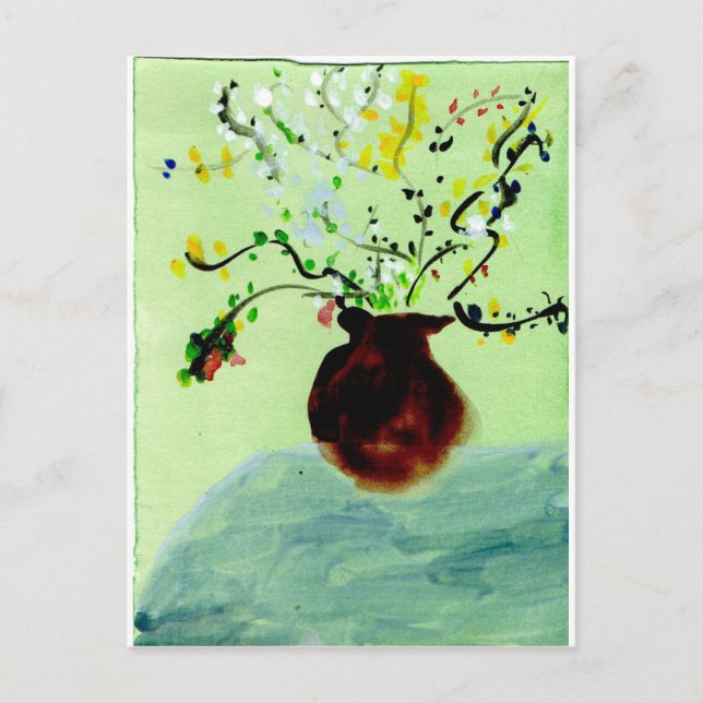 Grande pote com cartão postal de planta com flor (Frente)