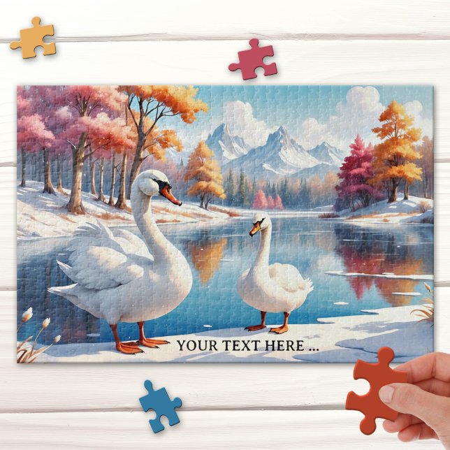 Grande Quebra-cabeça de Swan de inverno Mãe e Cria (Lovely large family puzzle featuring a mom and child swan in a winter wonderland - Christmas)