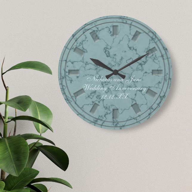Grande Relógio de Aniversário de Casamento em Mármore Fal (An elegant faux teal marble wedding anniversary clock with space for your names and wedding date)